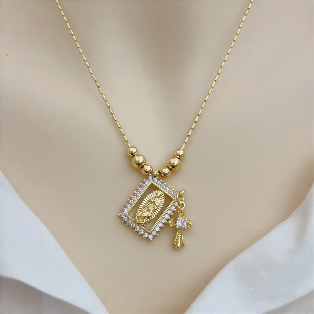 Christianartworkshop Bead Chain Holy Medallion Cross Necklace: Emblem of Tender Heavenly Comfort - Guadalupe Virgin&crystal cross - image 7