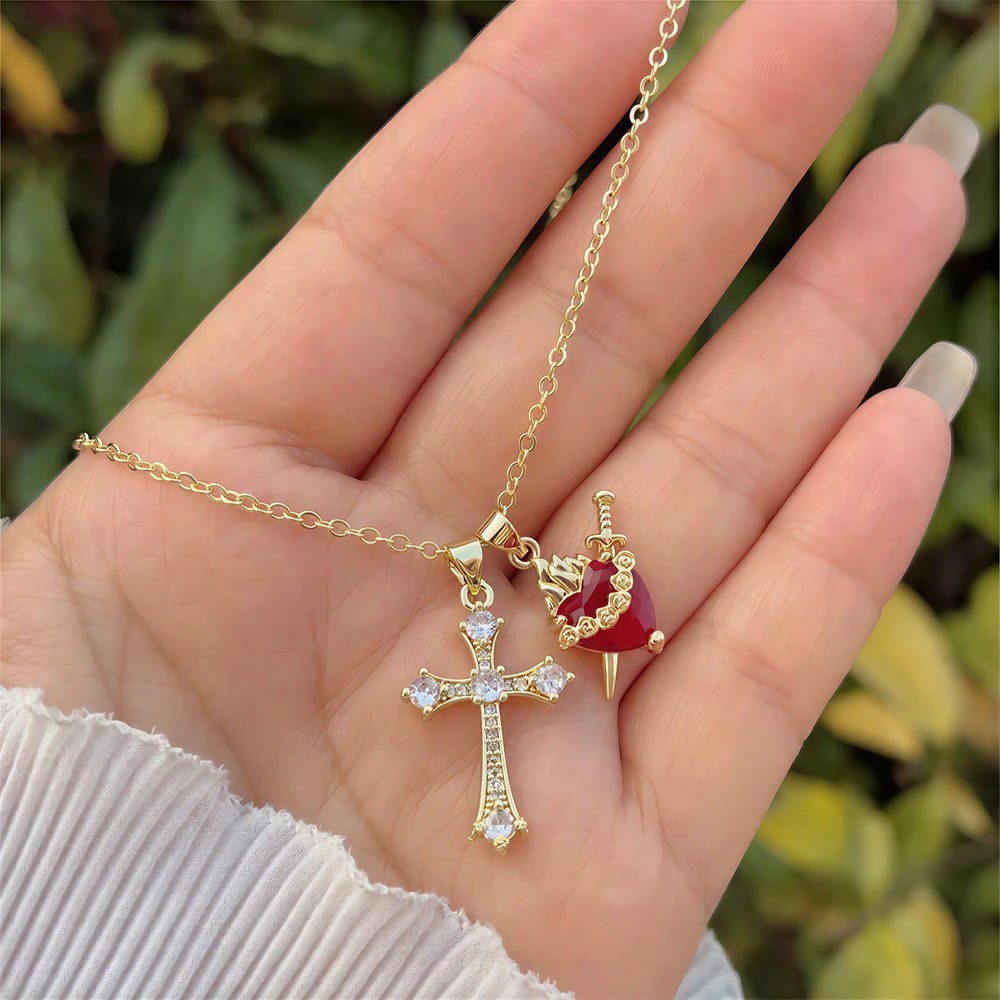Christianartworkshop Crystal Cross & Sacred Heart Dual Charm Necklace: Emblem of Tender Heavenly Compassion - Sacred Heart & Cross - A - image 0
