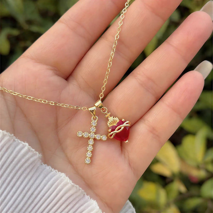 Christianartworkshop Crystal Cross & Sacred Heart Dual Charm Necklace: Emblem of Tender Heavenly Compassion - Sacred Heart & Cross - B - image 2