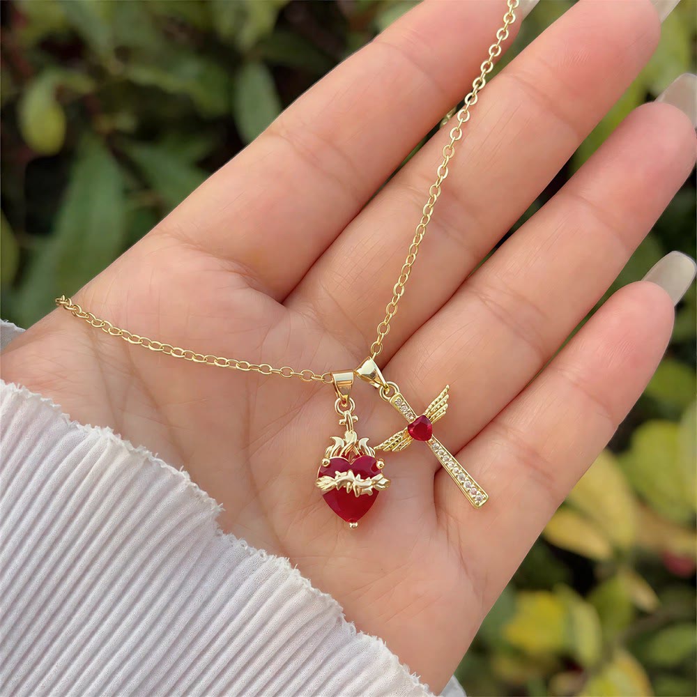 Christianartworkshop Crystal Cross & Sacred Heart Dual Charm Necklace: Emblem of Tender Heavenly Compassion - Sacred Heart & Cross - C - image 3