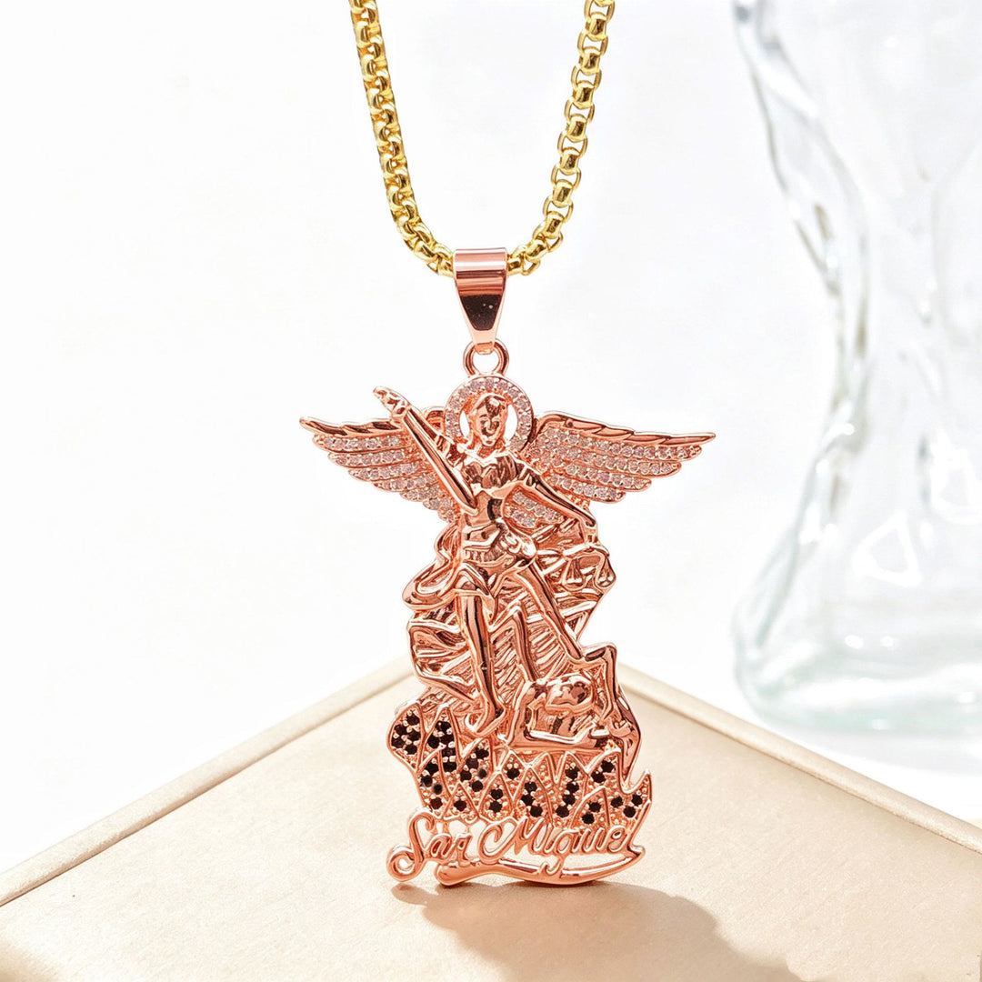 Christianartworkshop Saint Michael Archangel Pendant Necklace Cubic Zirconia Inlaid Guardian Angel Chain - Rose Gold Archangel Pendant With Black Stones - image 8
