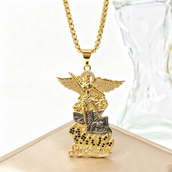 Christianartworkshop Saint Michael Archangel Pendant Necklace Cubic Zirconia Inlaid Guardian Angel Chain - Two-Tone Gold & Gunmetal Archangel Pendant - image 9