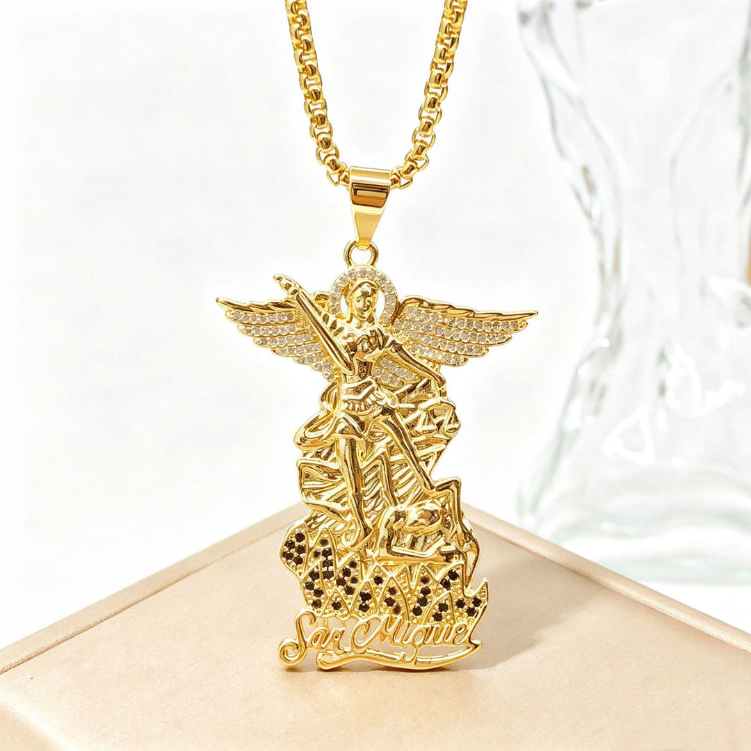 Christianartworkshop Saint Michael Archangel Pendant Necklace Cubic Zirconia Inlaid Guardian Angel Chain - Gold Archangel Pendant With Black Stones - image 10