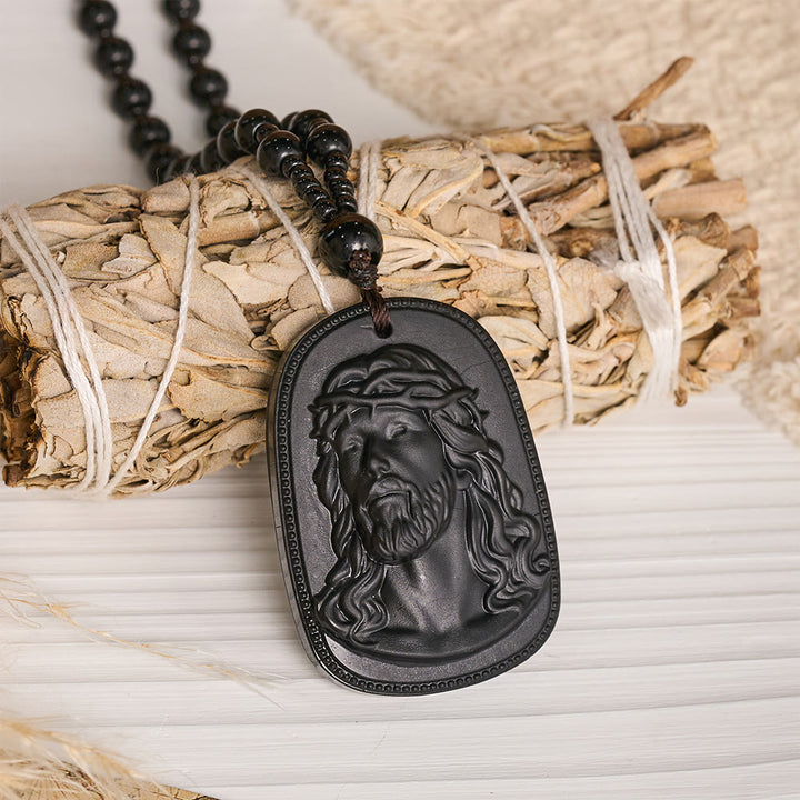 Christianartworkshop Relief‑Molded Holy Portrait Beaded Necklace: Token of Serene Divine Solace for Daily Devotion - Black - Jesus - image 0