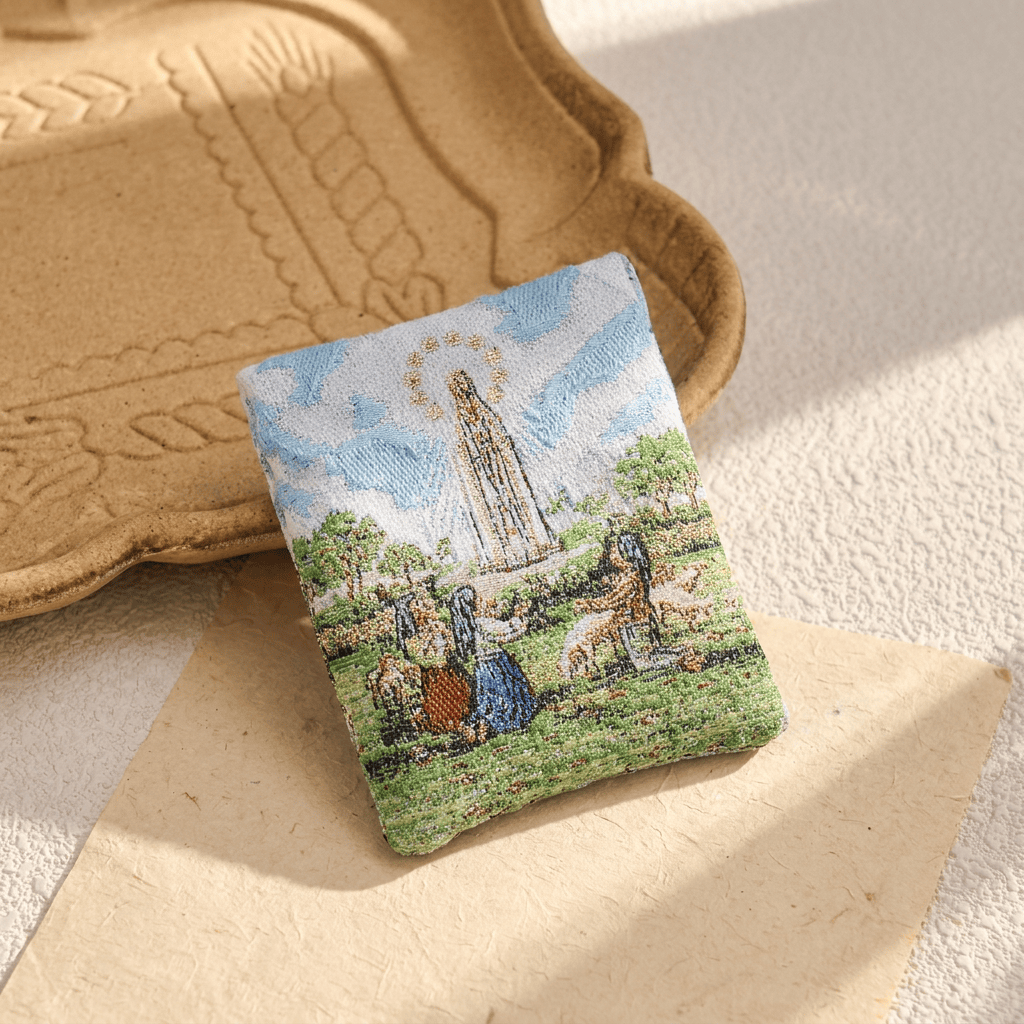 Christianartworkshop Sacred Figure Printed Fabric Rosary Case: Token of Gentle Divine Peace - Our Lady of Lourdes Apparition - image 3