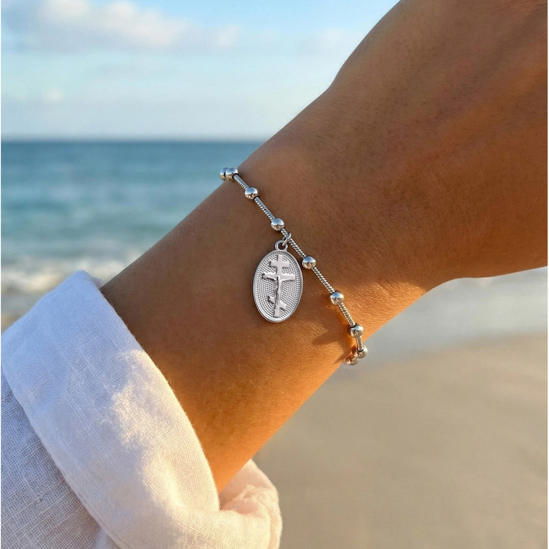 Christianartworkshop Textured Bead‑Chain Medal Bracelet: Token of Sustained Inner Fortitude - Orthodox Cross-Silver - image 5