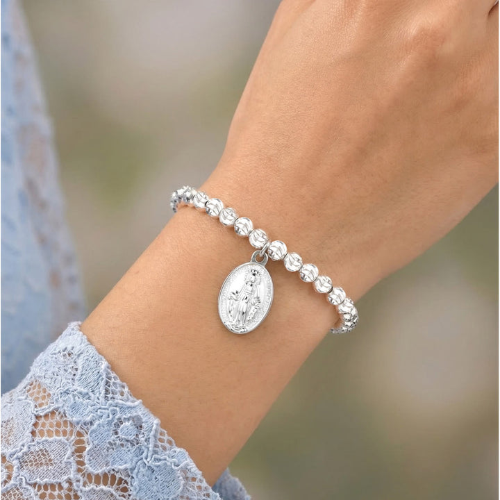 Christianartworkshop Textured Bead‑Chain Medal Bracelet: Token of Sustained Inner Fortitude - Miraculous Medal&Cross-Silver - image 43