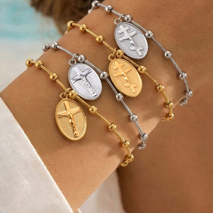 Christianartworkshop Textured Bead‑Chain Medal Bracelet: Token of Sustained Inner Fortitude - image 0