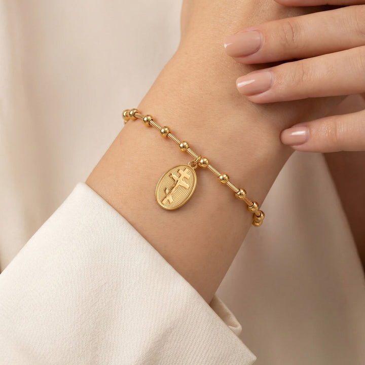 Christianartworkshop Textured Bead‑Chain Medal Bracelet: Token of Sustained Inner Fortitude - Orthodox Cross-Golden - image 3