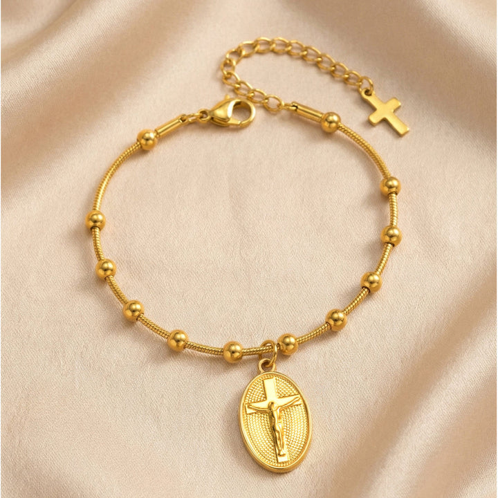 Christianartworkshop Textured Bead‑Chain Medal Bracelet: Token of Sustained Inner Fortitude - image 8