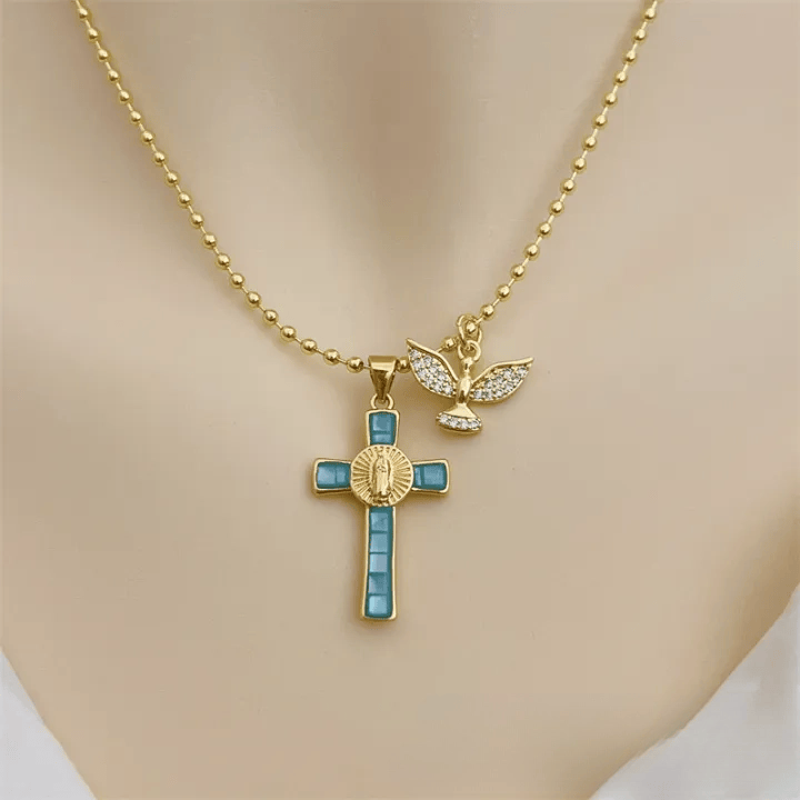 Christianartworkshop Holy Spirit Pastel Inlaid Cross Necklace Emblem of Heavenly Protection - Lake Blue - image 5