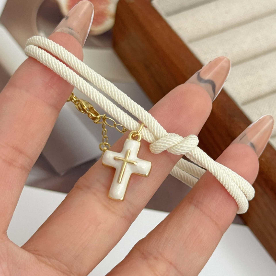 Christianartworkshop Soft Knotted Cord Cross Charm Bracelet: Emblem of Gentle Heavenly Comfort - White - image 2