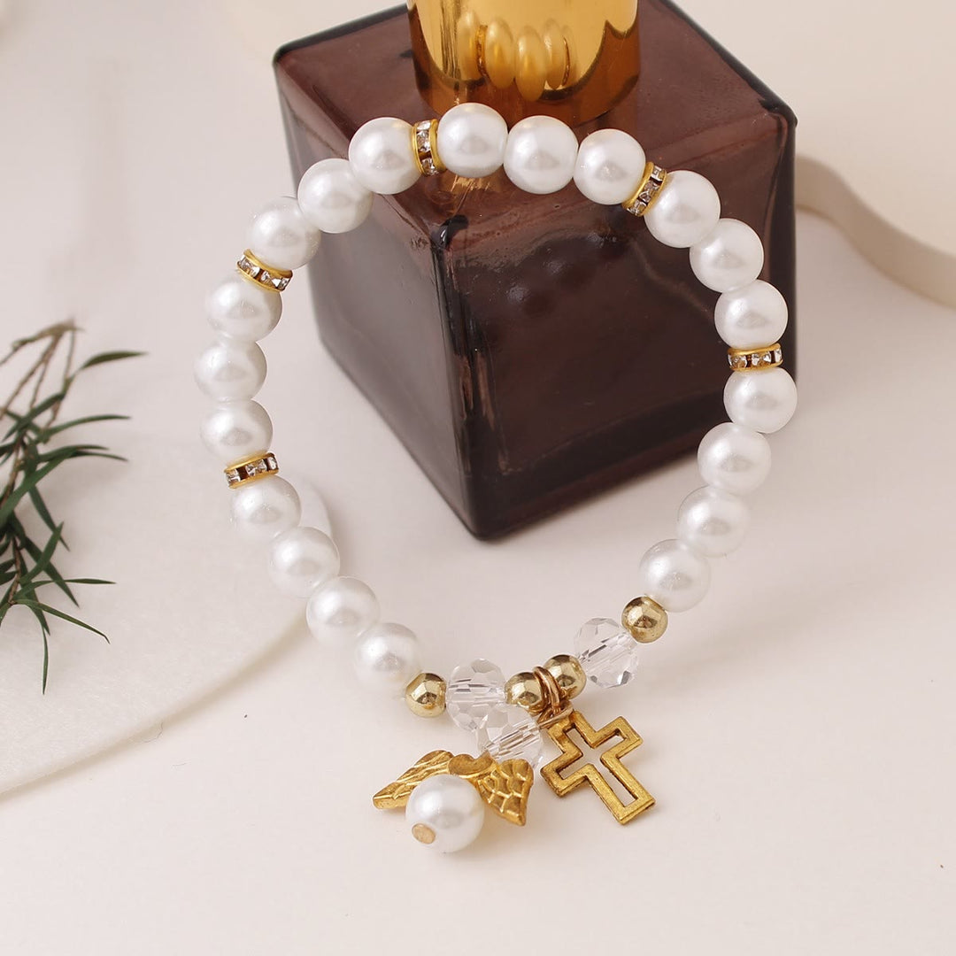 Christianartworkshop Lustrous Pearl Beaded Cross Stretch Bracelet: Emblem of Pure Heavenly Purity - Golden - image 0