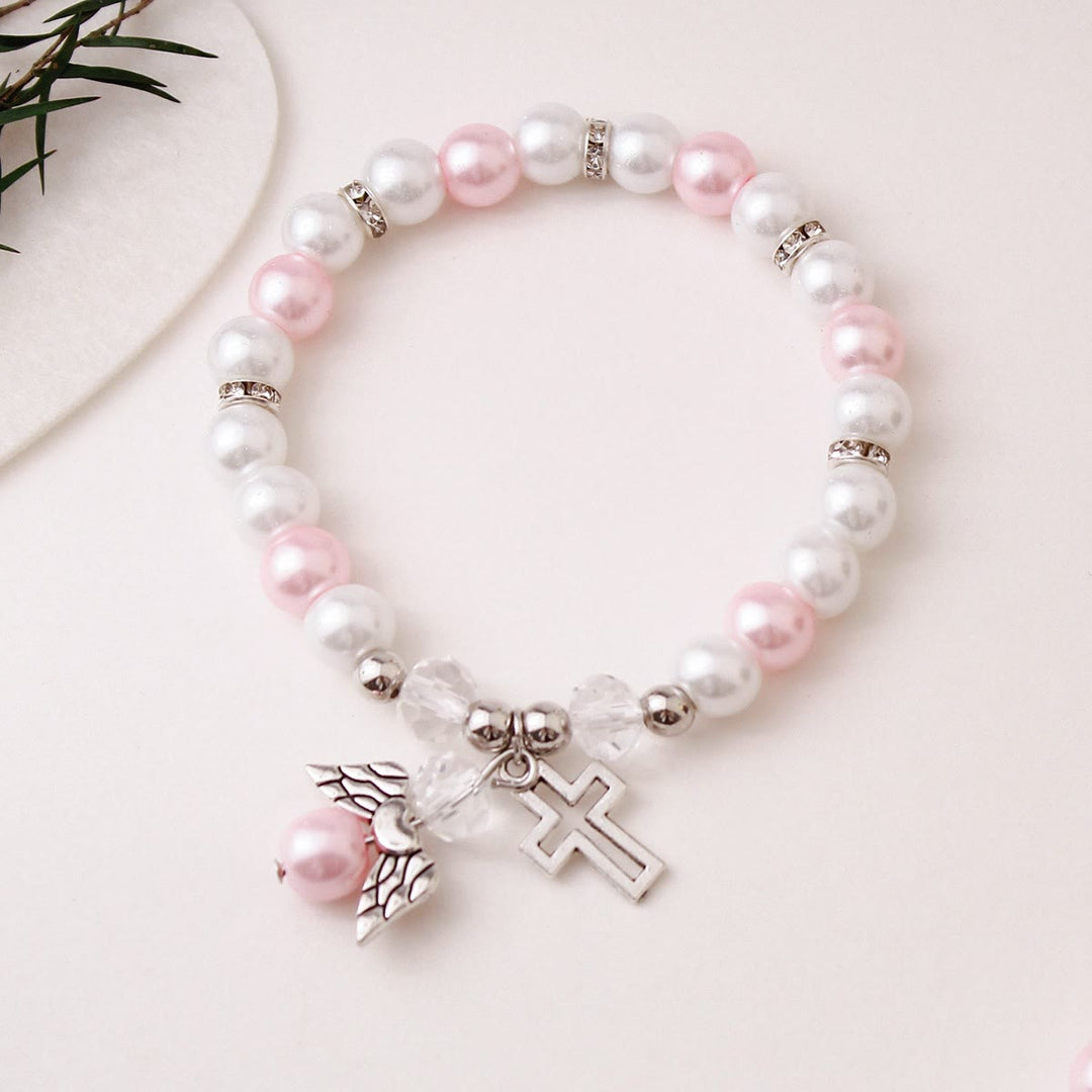 Christianartworkshop Lustrous Pearl Beaded Cross Stretch Bracelet: Emblem of Pure Heavenly Purity - Pink - image 4