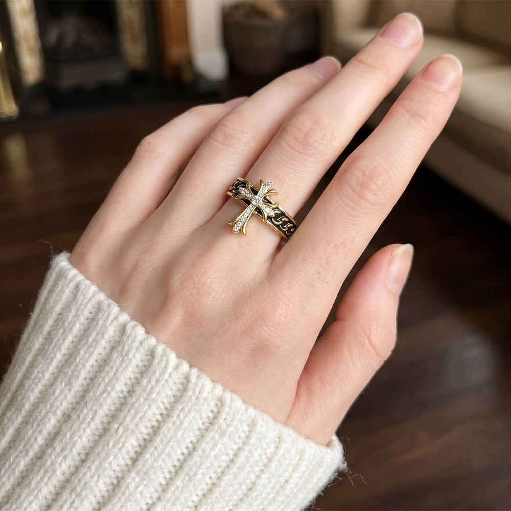 Christianartworkshop Vintage Carved Inlaid‑Stone Cross Open Cuff Ring: Emblem of Steadfast Heavenly Shelter - image 1