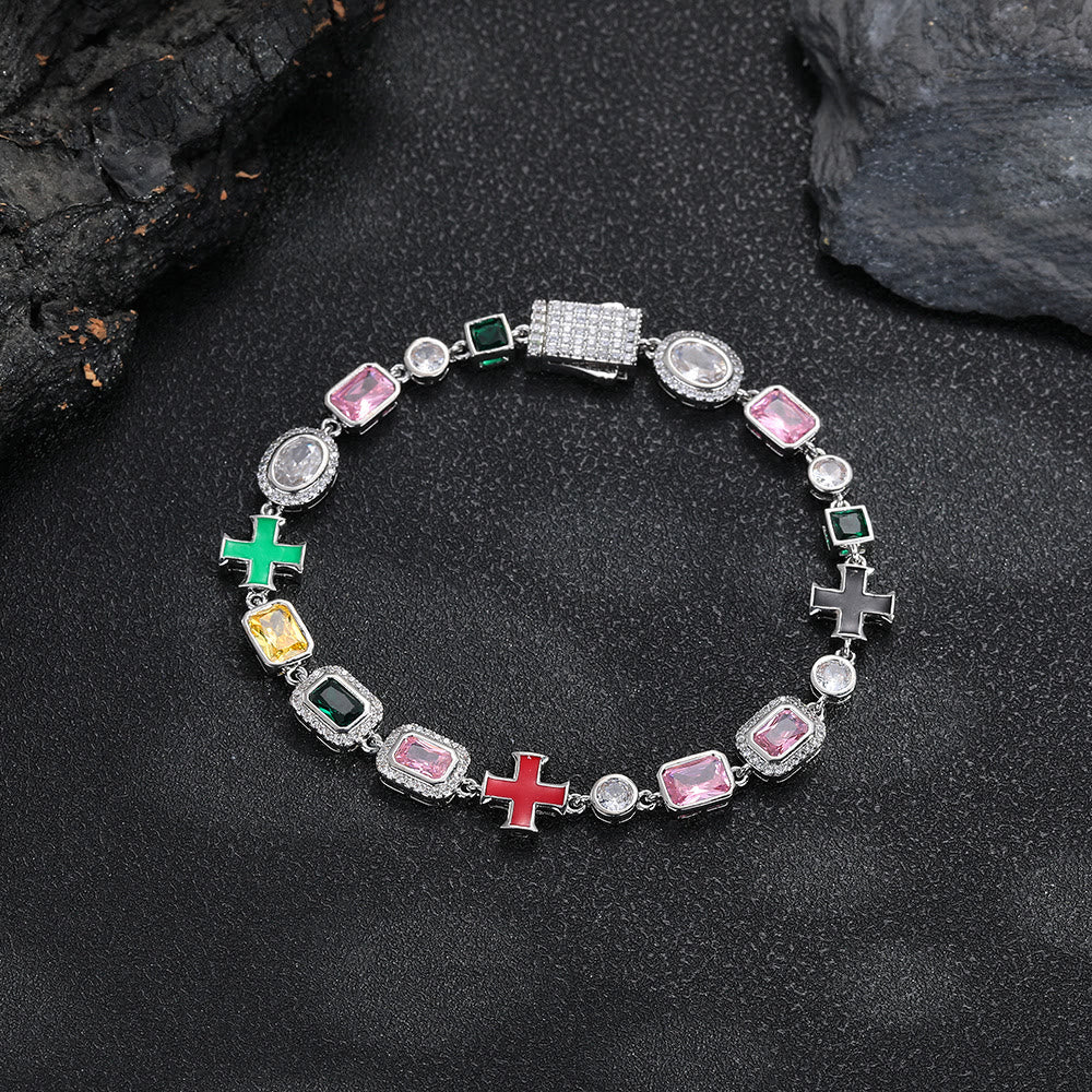 Christianartworkshop Ornate Multi‑Stone Cross Interlocking Chain: Token of Abiding Watchful Safeguard - Bracelet - Silver - 9''/23cm - image 4