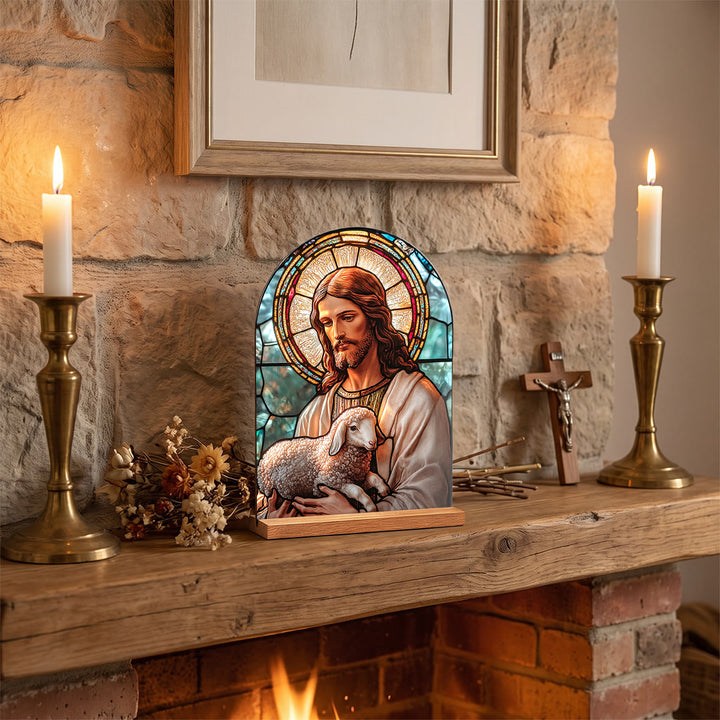 Christianartworkshop Arched Acrylic Desktop Plaque With Wooden Stand Stained Glass Religious Cross Virgin Mary And Jesus Table Decor - Jesus - image 0
