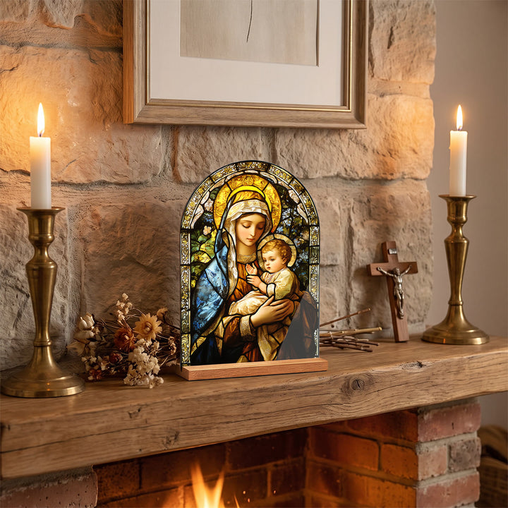 Christianartworkshop Arched Acrylic Desktop Plaque With Wooden Stand Stained Glass Religious Cross Virgin Mary And Jesus Table Decor - Mary - image 4