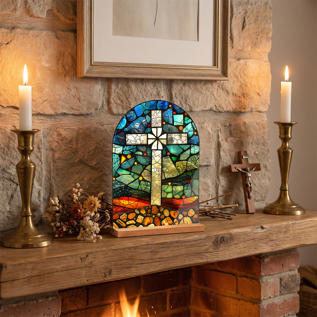 Christianartworkshop Arched Acrylic Desktop Plaque With Wooden Stand Stained Glass Religious Cross Virgin Mary And Jesus Table Decor - Cross - image 2