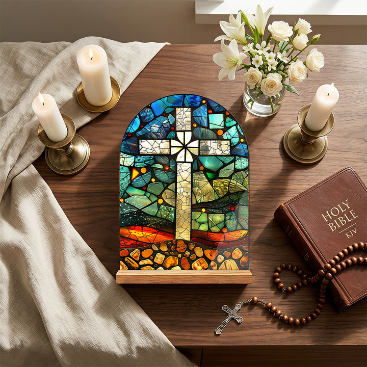 Christianartworkshop Arched Acrylic Desktop Plaque With Wooden Stand Stained Glass Religious Cross Virgin Mary And Jesus Table Decor - image 3