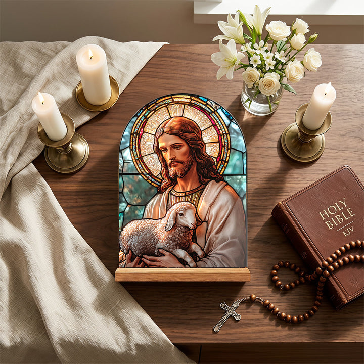 Christianartworkshop Arched Acrylic Desktop Plaque With Wooden Stand Stained Glass Religious Cross Virgin Mary And Jesus Table Decor - image 1