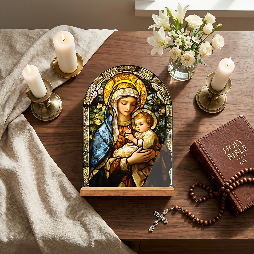 Christianartworkshop Arched Acrylic Desktop Plaque With Wooden Stand Stained Glass Religious Cross Virgin Mary And Jesus Table Decor - image 5