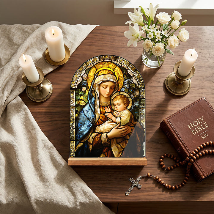 Christianartworkshop Arched Acrylic Desktop Plaque With Wooden Stand Stained Glass Religious Cross Virgin Mary And Jesus Table Decor - image 5