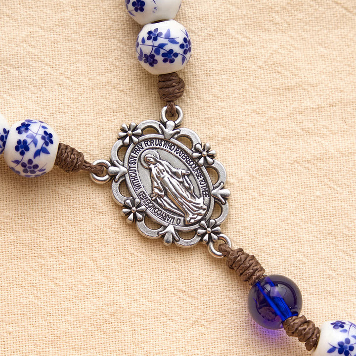 Christianartworkshop Floral Blue‑and‑White Porcelain Rosary With Floral Silver Cross & Virgin Mary Medal - image 6