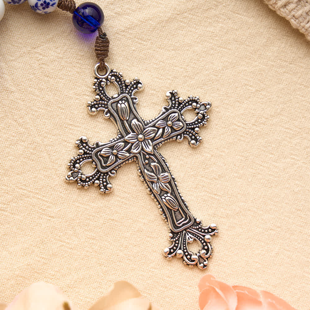 Christianartworkshop Floral Blue‑and‑White Porcelain Rosary With Floral Silver Cross & Virgin Mary Medal - image 7