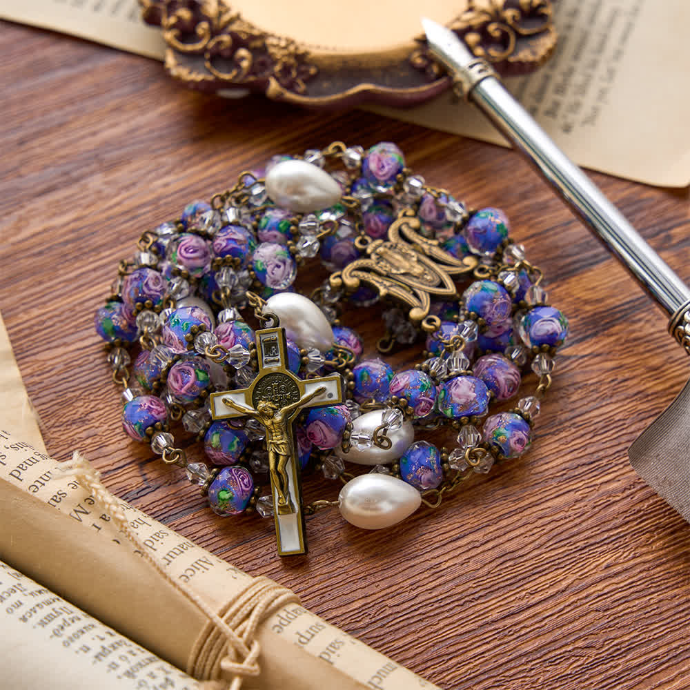 Christianartworkshop Antique‑Tone Chain Blue Glass Floral Beads Rosary With Our Lady Medallion & Detailed Crucifix - image 4