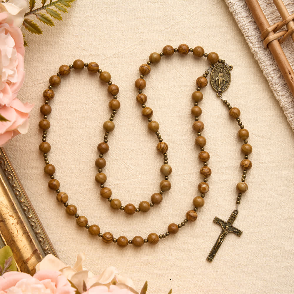 Christianartworkshop Polished Wood‑Pattern Stone Rosary With Our Lady Medallion: Emblem of Grounded Heavenly Solace - Wood-Pattern Stone Rosary - image 0
