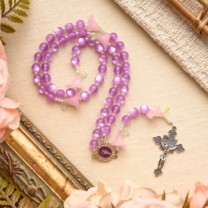 Christianartworkshop Luminous Resin Cat‑Eye Bead Rosary With Delicate Lily Accents: Emblem of Gentle Heavenly Solace - image 2