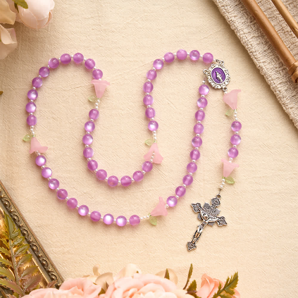 Christianartworkshop Luminous Resin Cat‑Eye Bead Rosary With Delicate Lily Accents: Emblem of Gentle Heavenly Solace - image 4
