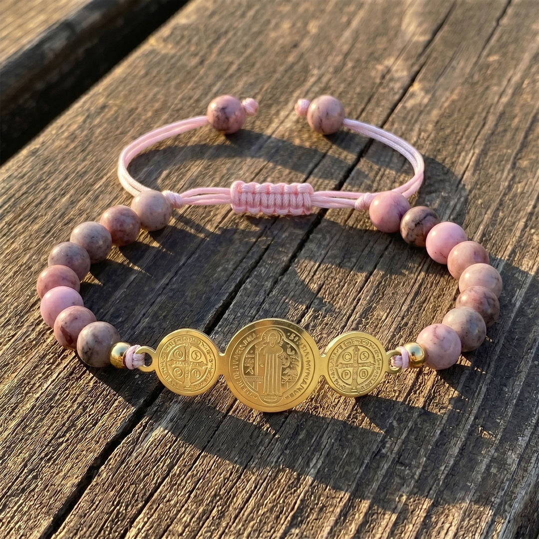 Christianartworkshop Slip Knot Adjustable Saint Beaded Bracelet Emblem Of Timeless Sacred Shelter - Golden - Pink Rhodonite - image 2
