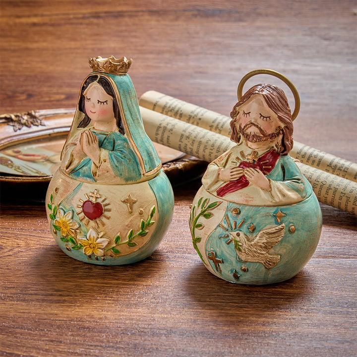 Christianartworkshop 2Pack Whimsical Sacred Heart Figurine Rosary Storage Boxes Jesus And Virgin Mary Decorative Religious Statue Cases - image 0