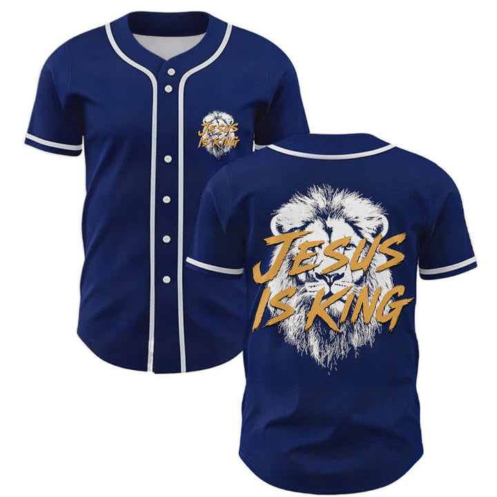 Christianartworkshop Jesus Is King Lion Graphic Baseball Jersey - Navy - 5XL - image 0