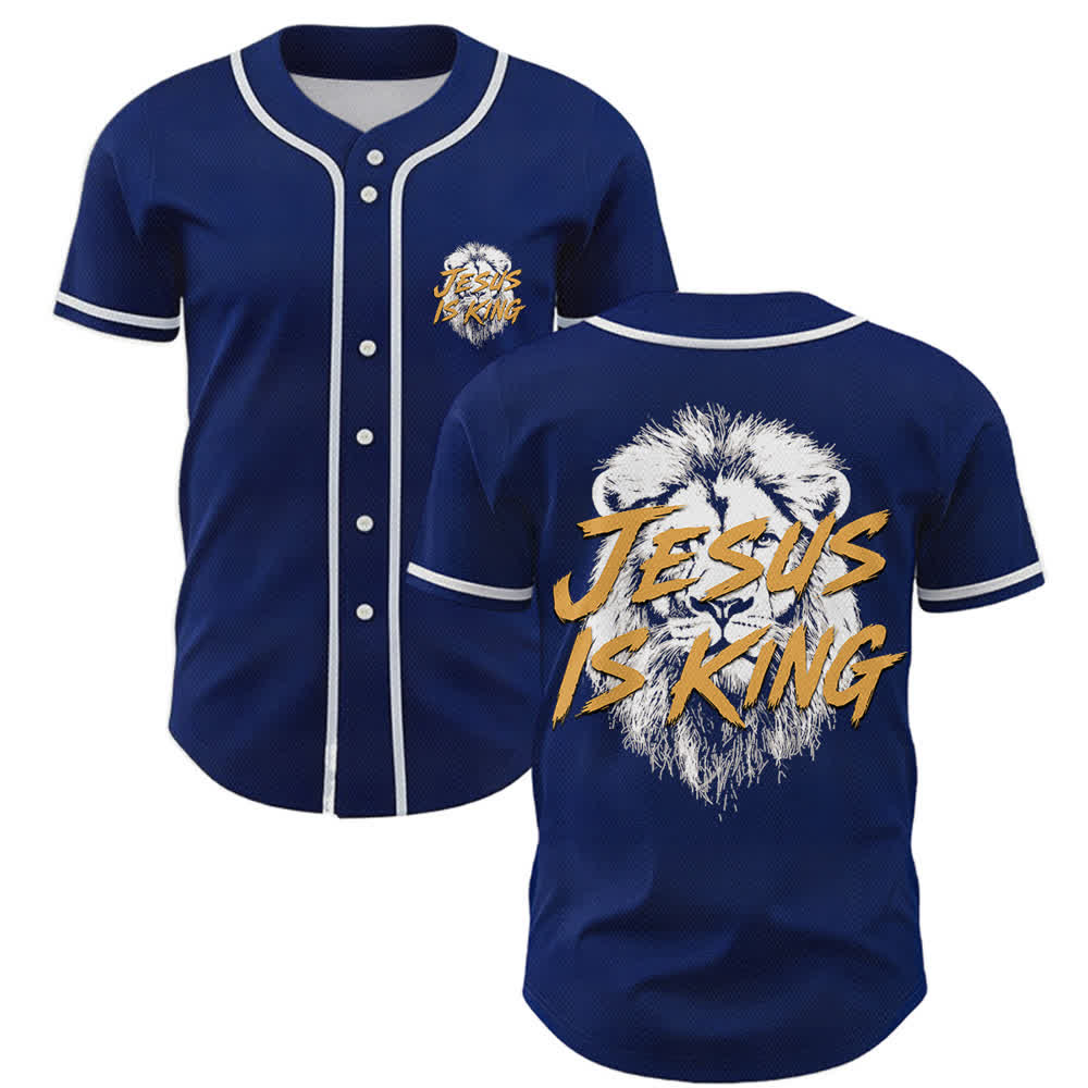 Christianartworkshop Jesus Is King Lion Graphic Mesh Baseball Jersey - Navy - 5XL - image 0