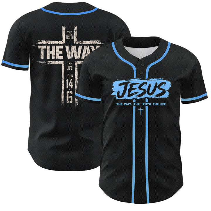 Christianartworkshop Jesus The Way Brush Print Black Baseball Jersey - Sky Blue - 5XL - image 35