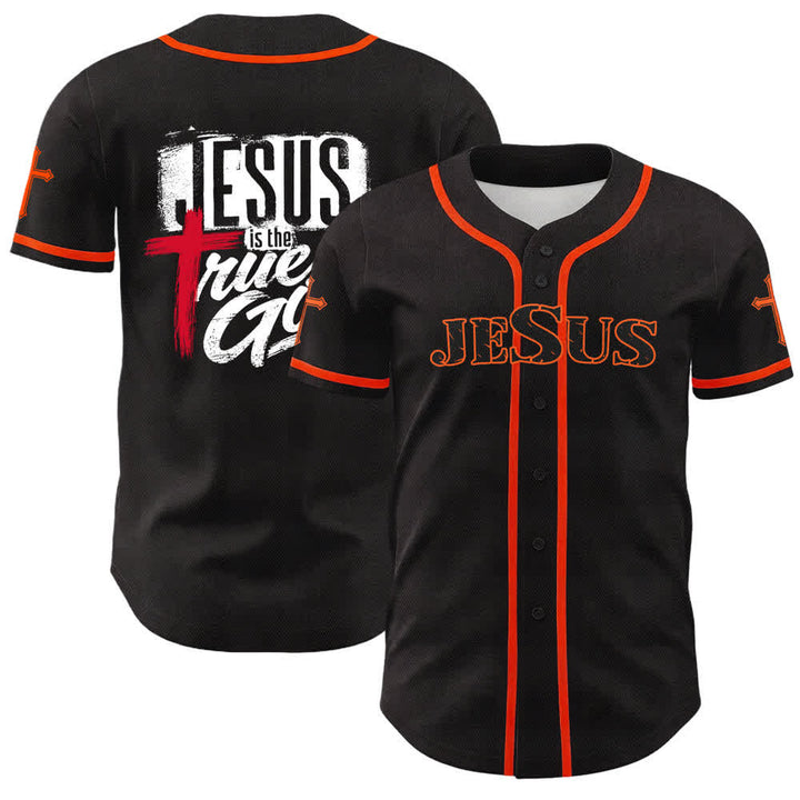 Christianartworkshop Jesus True God Red Cross Black Baseball Jersey - Orange - 5XL - image 7