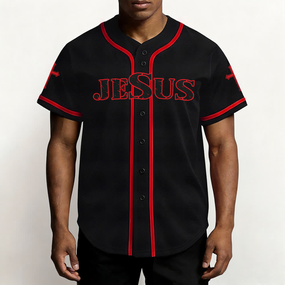Christianartworkshop Jesus True God Red Cross Black Baseball Jersey - image 20
