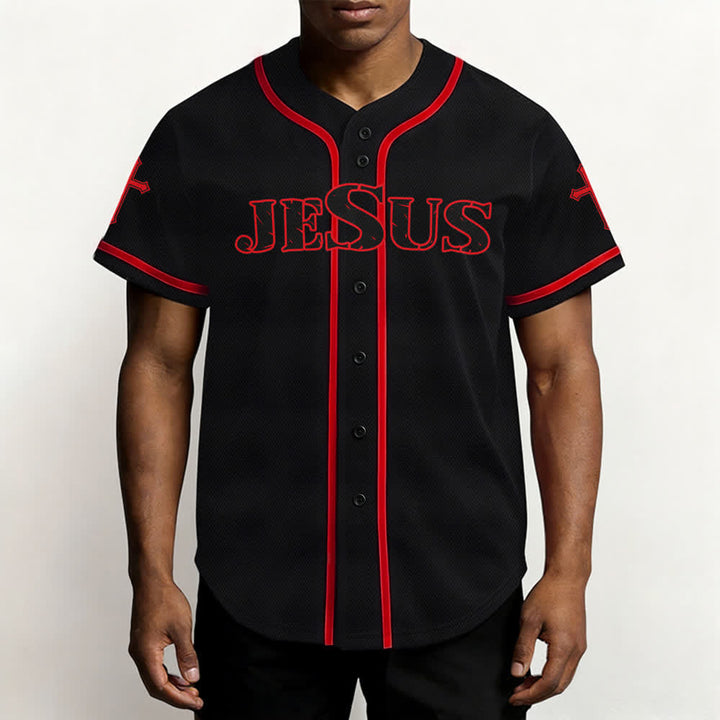 Christianartworkshop Jesus True God Red Cross Black Baseball Jersey - image 20