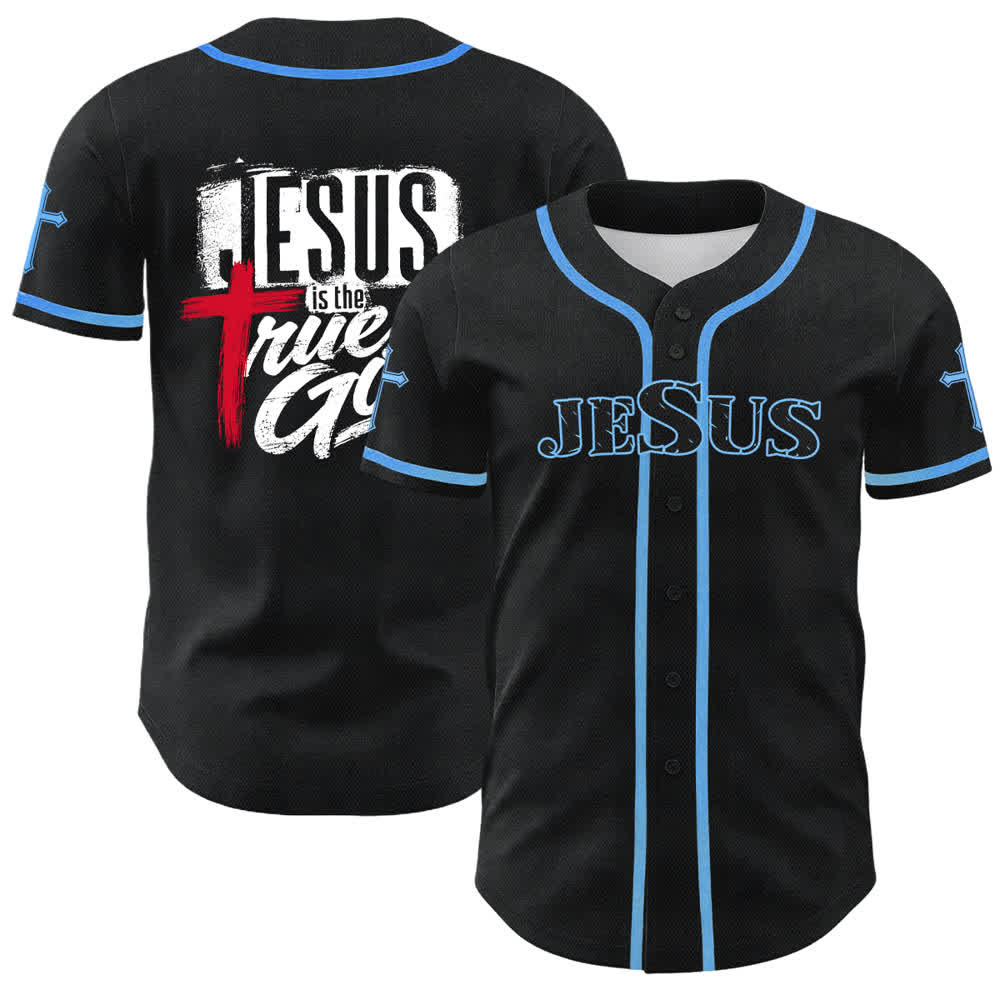 Christianartworkshop Jesus True God Red Cross Black Baseball Jersey - Sky Blue - 5XL - image 28