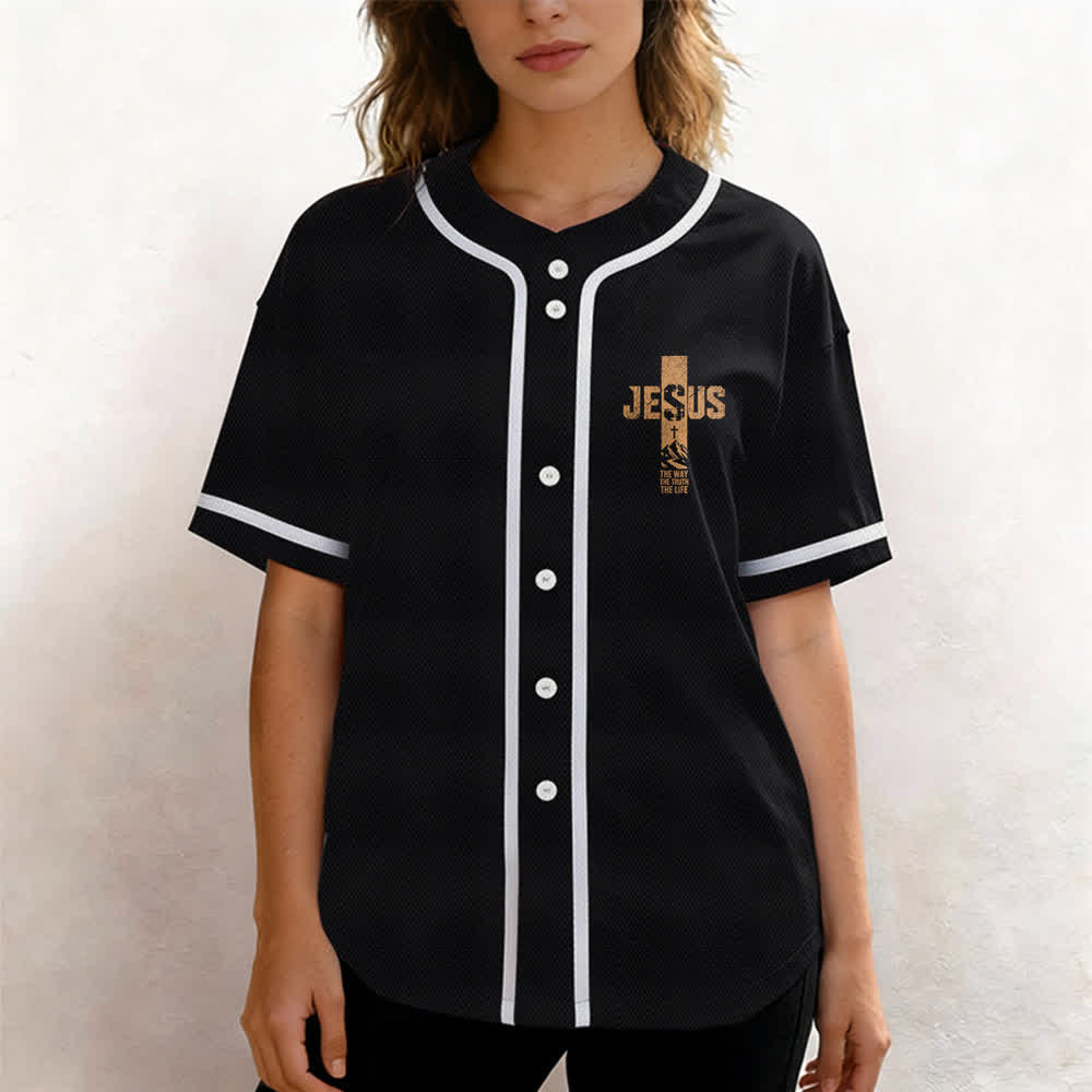 Christianartworkshop Jesus Cross Distressed Button Front Baseball Jersey - image 11