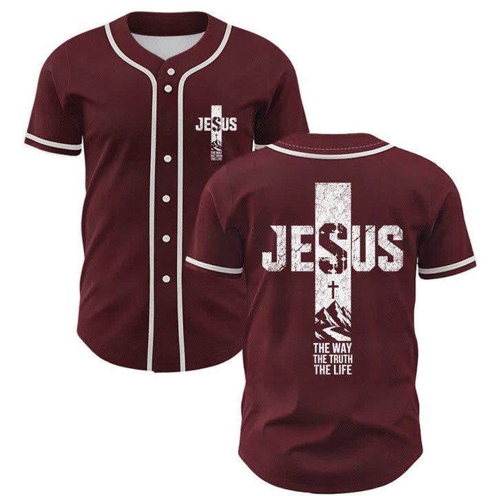 Christianartworkshop Jesus Cross Distressed Mesh Button Front Baseball Jersey - Wine - 5XL - image 21