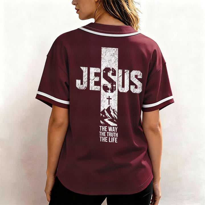 Christianartworkshop Jesus Cross Distressed Button Front Baseball Jersey - image 24
