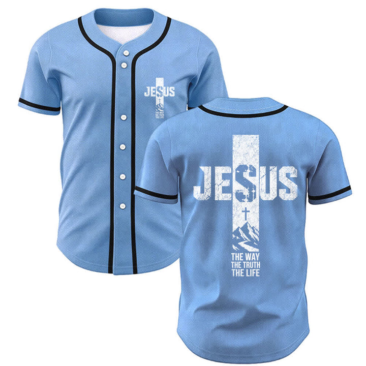 Christianartworkshop Jesus Cross Distressed Button Front Baseball Jersey - Blue - 5XL - image 28