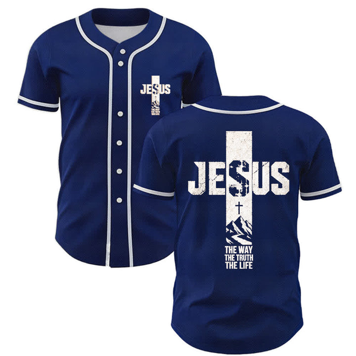 Christianartworkshop Jesus Cross Distressed Mesh Button Front Baseball Jersey - Navy - 5XL - image 49