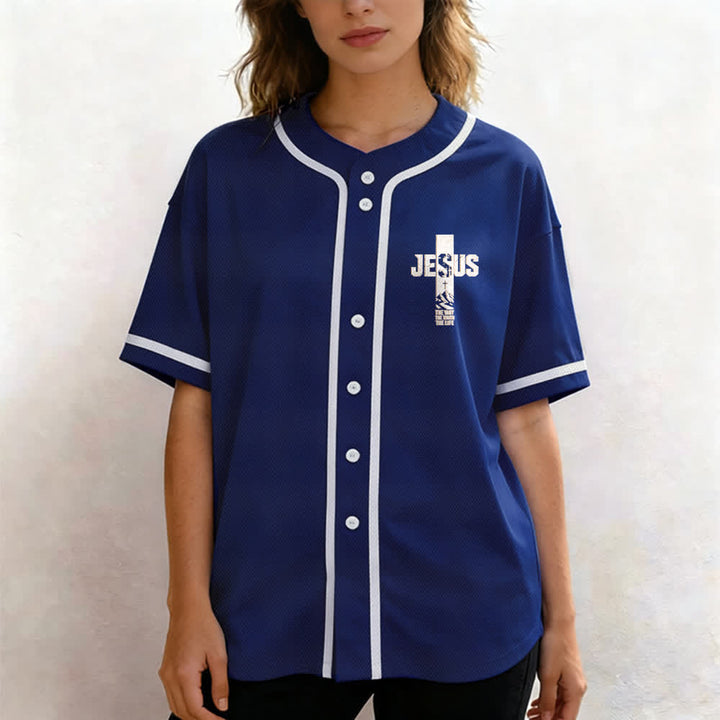 Christianartworkshop Jesus Cross Distressed Button Front Baseball Jersey - image 53