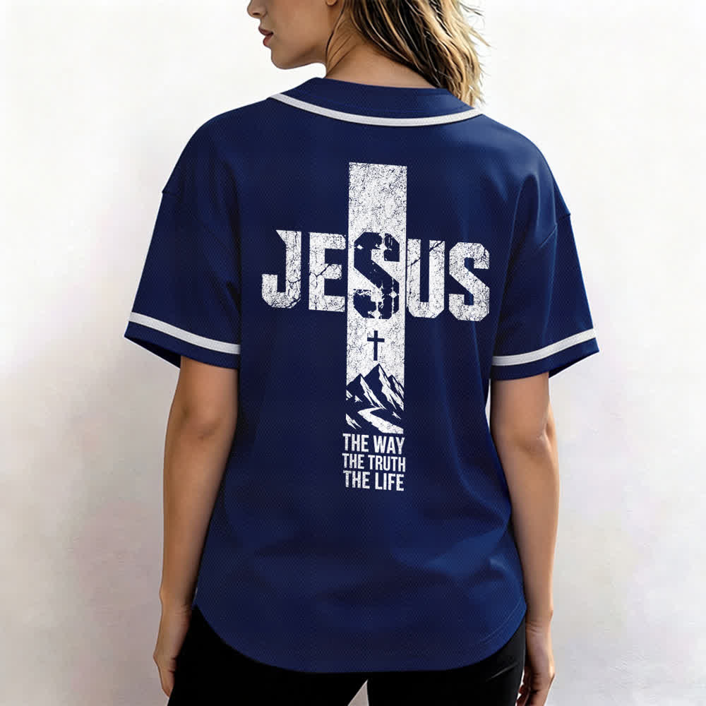 Christianartworkshop Jesus Cross Distressed Button Front Baseball Jersey - image 52