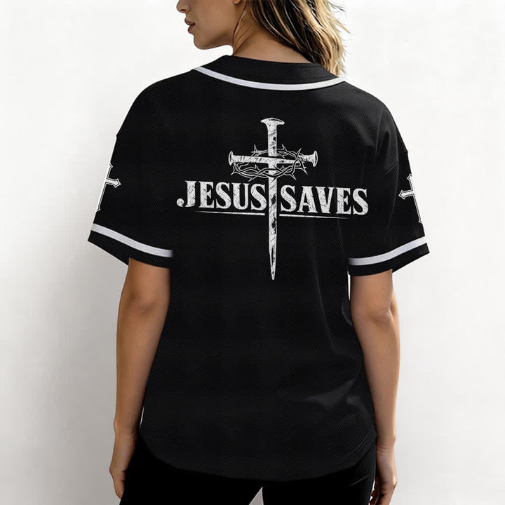 Christianartworkshop Jesus Saves Thorn Crown Black Mesh Baseball Jersey - image 3